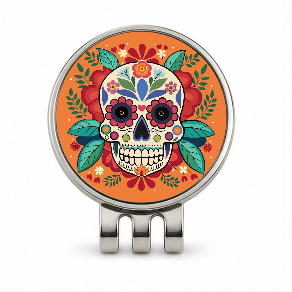 Sugar Skull with Floral Background Golf Hat Clip with Ball Marker