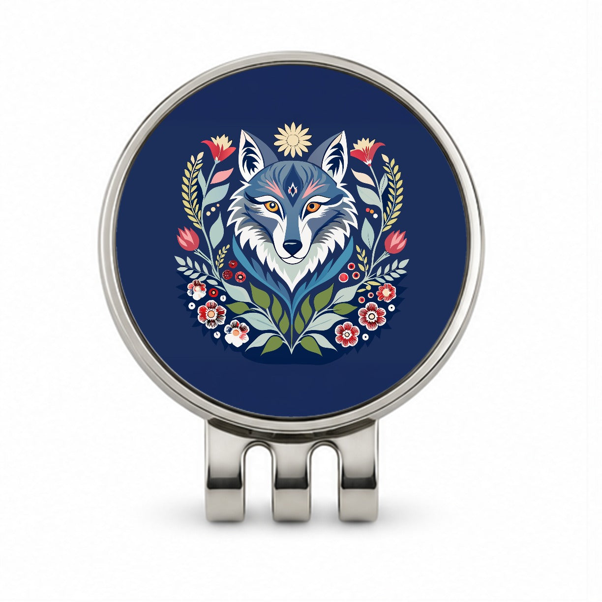 Wolf Floral Flowers Golf Hat Clip with Ball Marker