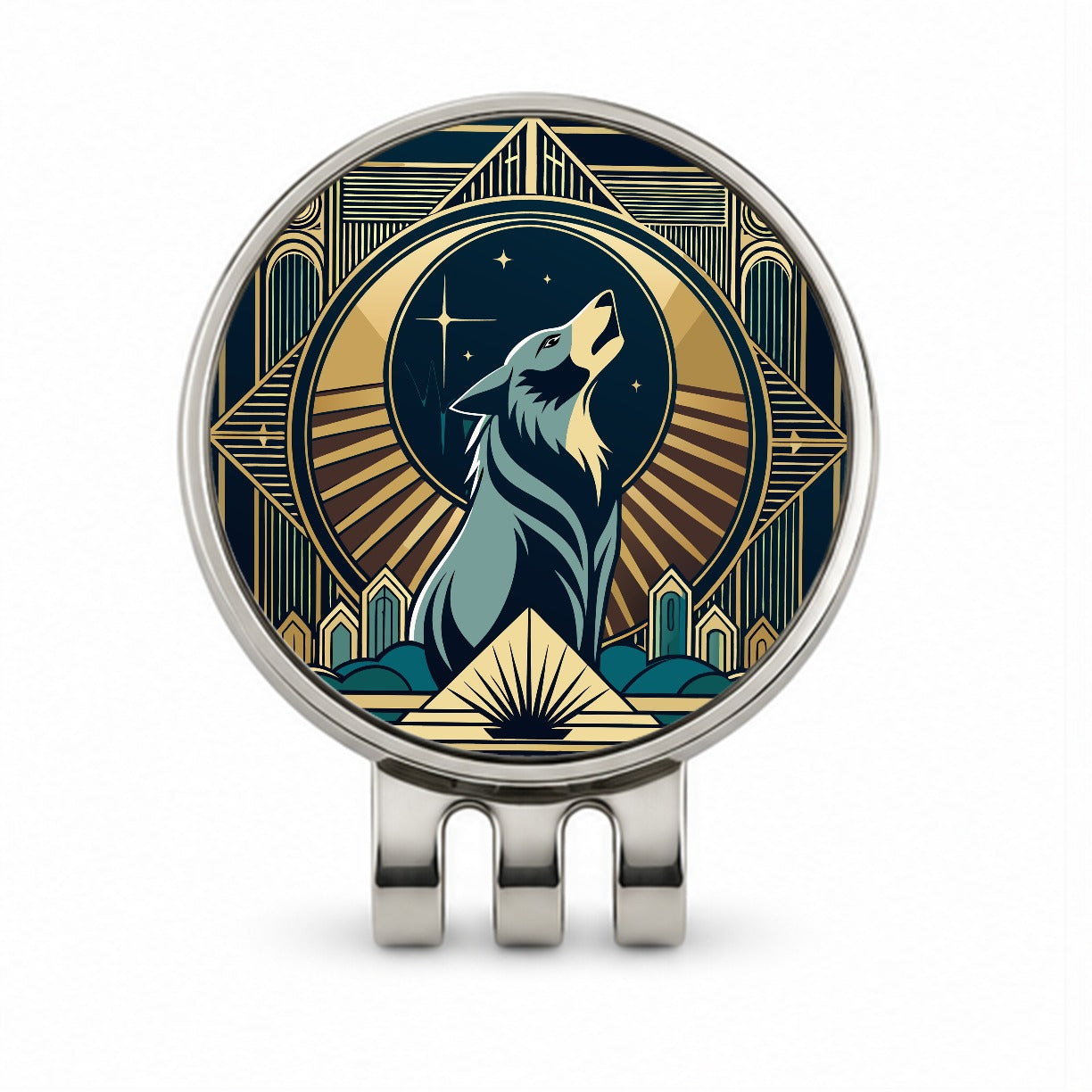 Wolf Howling at Moon Art Deco Golf Hat Clip with Ball Marker