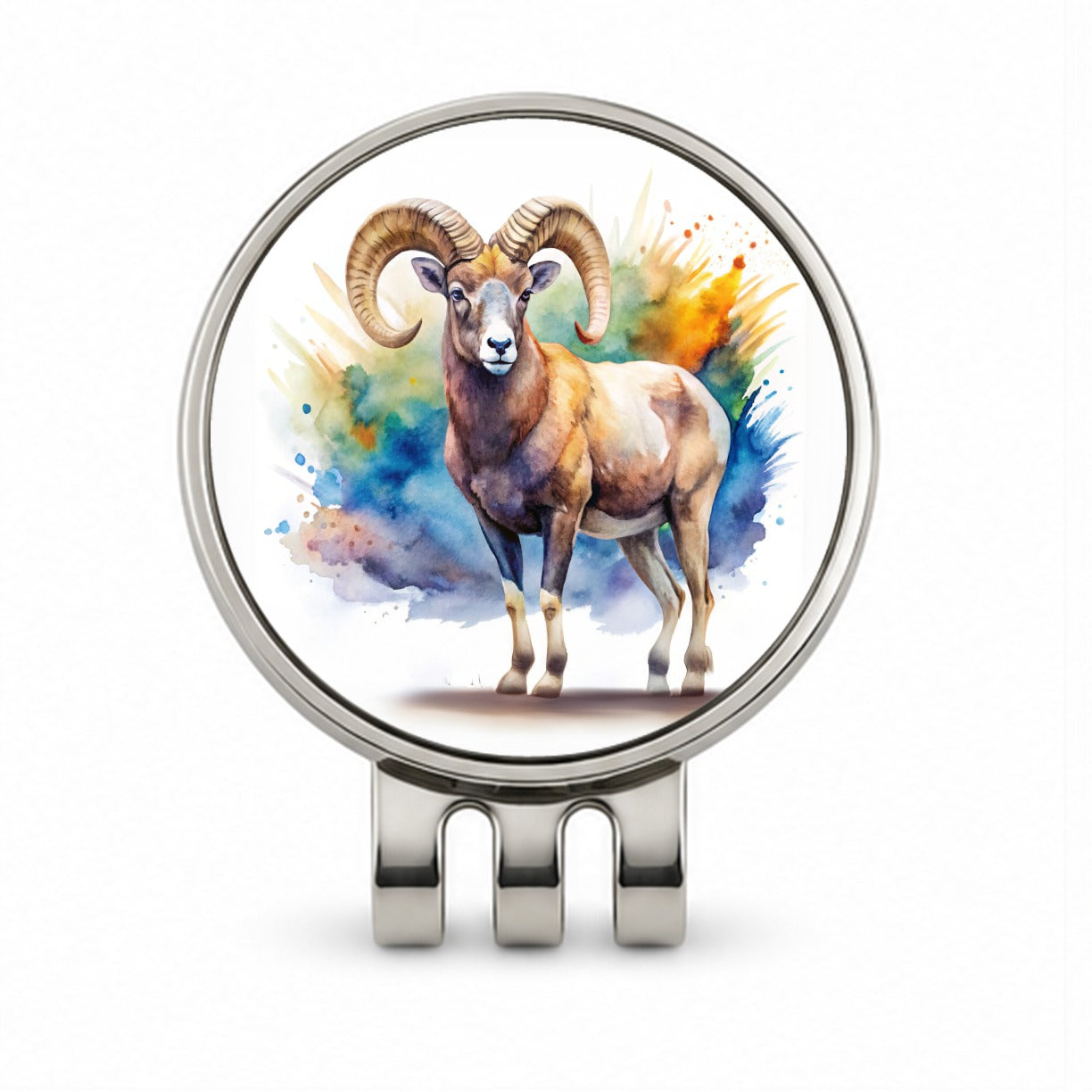 Bighorn Sheep Watercolor Design Golf Hat Clip with Ball Marker