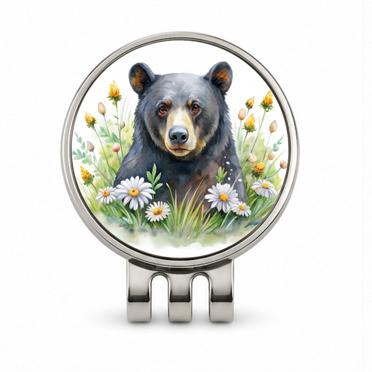 Black Bear Watercolor Design With Daisies Golf Hat Clip with Ball Marker