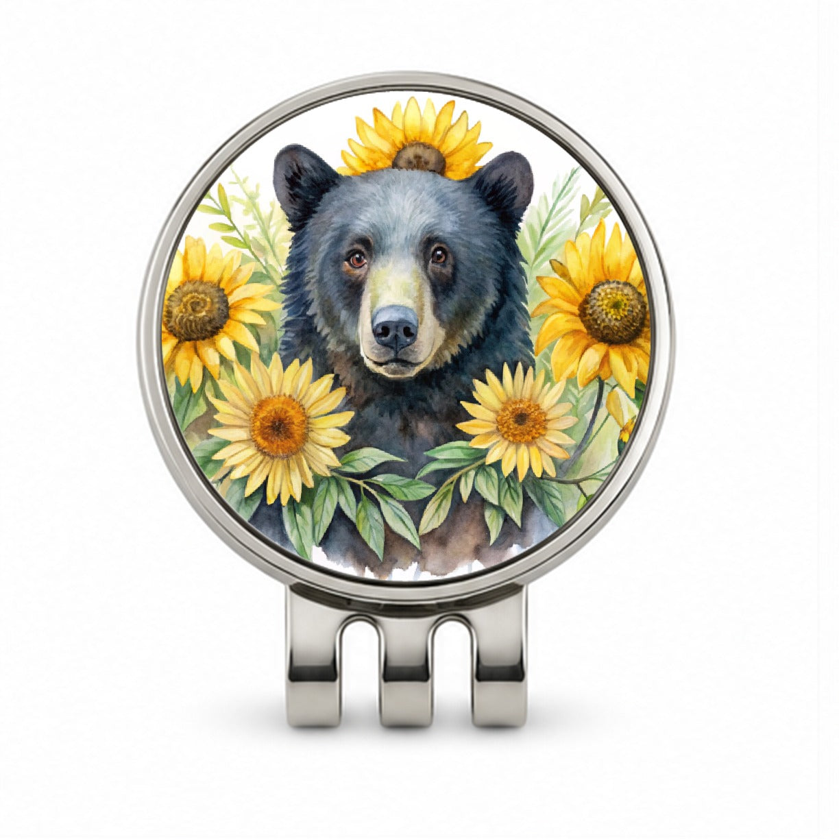 Black Bear Watercolor Design With Sunflowers Golf Hat Clip with Ball Marker