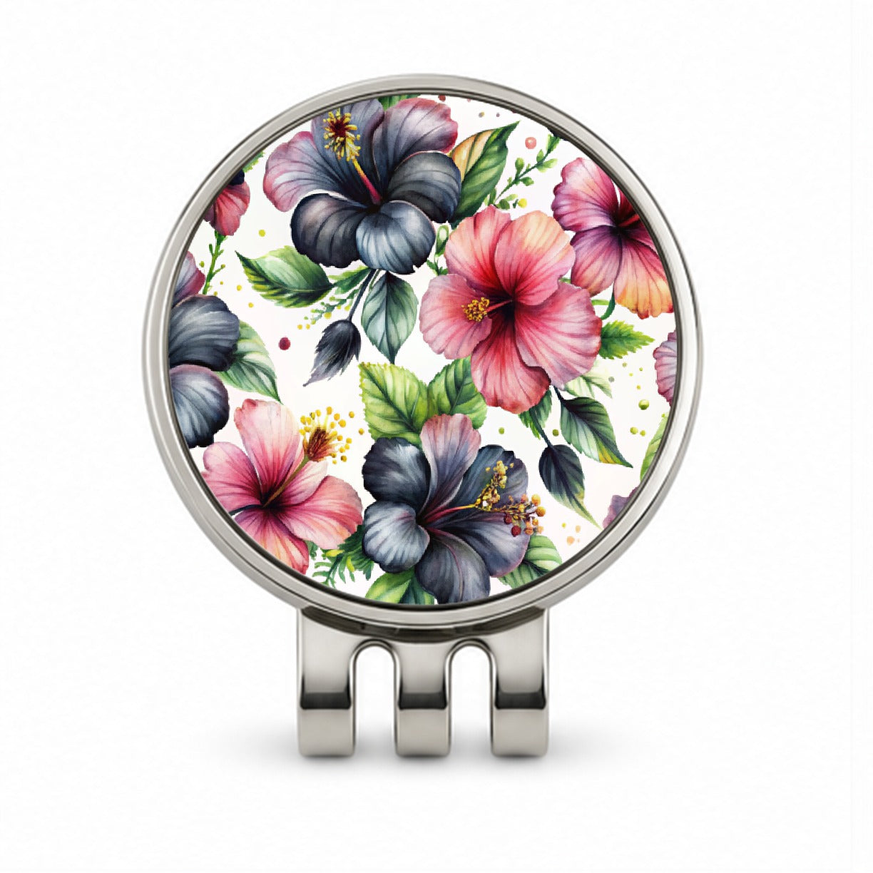Black Pink Hibiscus Flowers Watercolor Golf Hat Clip with Ball Marker