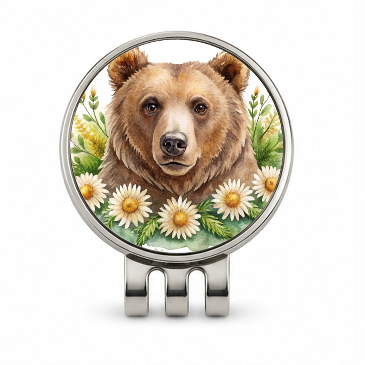 Brown Bear Watercolor Design With Daisies Golf Hat Clip with Ball Marker