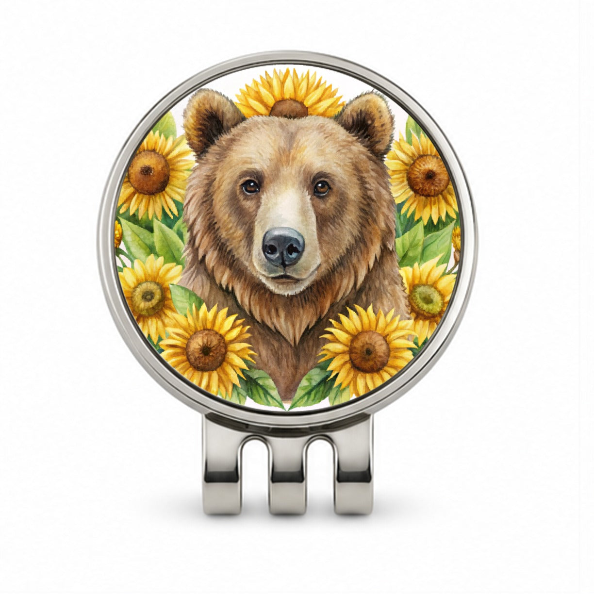 Brown Bear Watercolor Design With Sunflowers Golf Hat Clip with Ball Marker