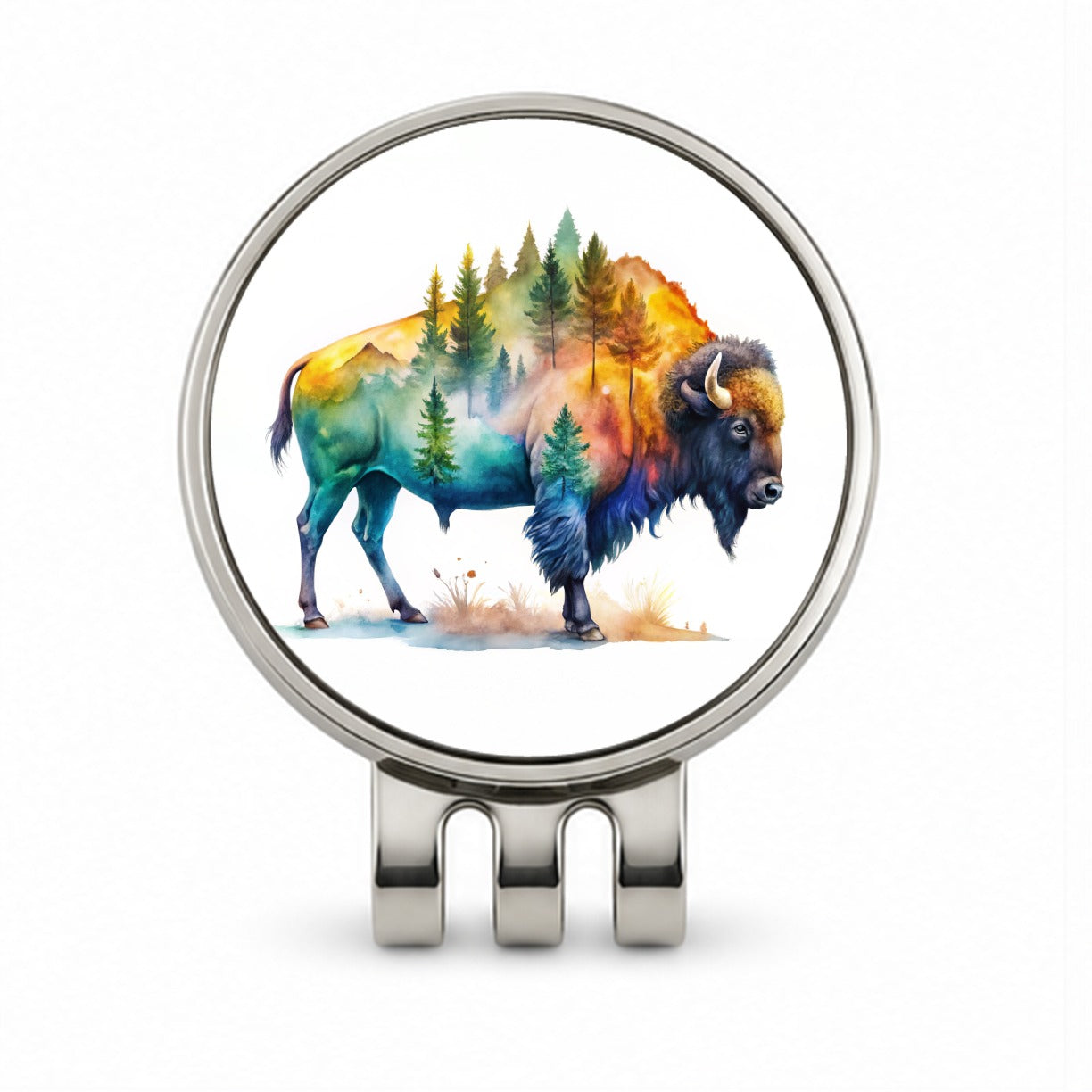 Buffalo In Forest Watercolor Design Golf Hat Clip with Ball Marker