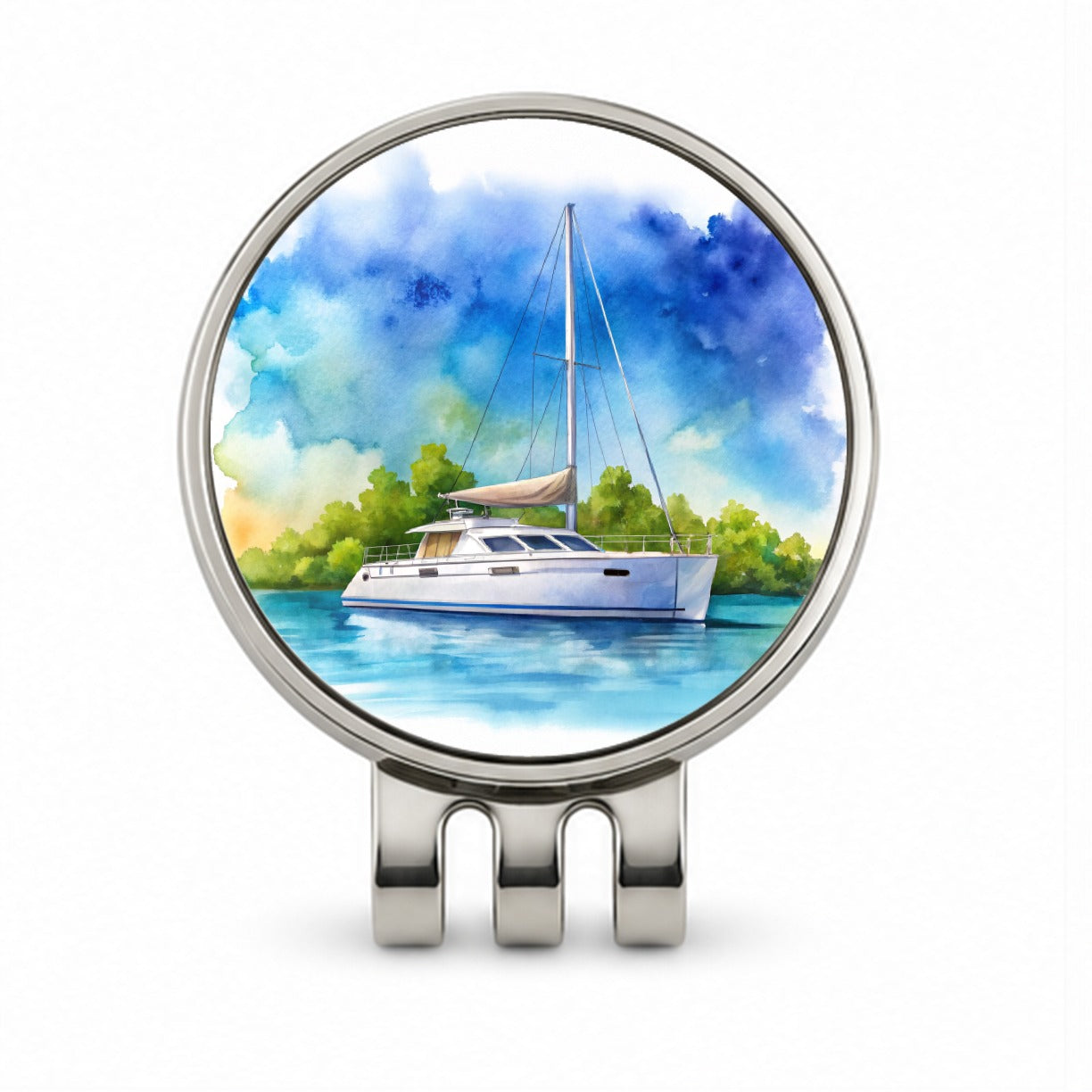 Catamaran At Sea Watercolor Design Golf Hat Clip with Ball Marker