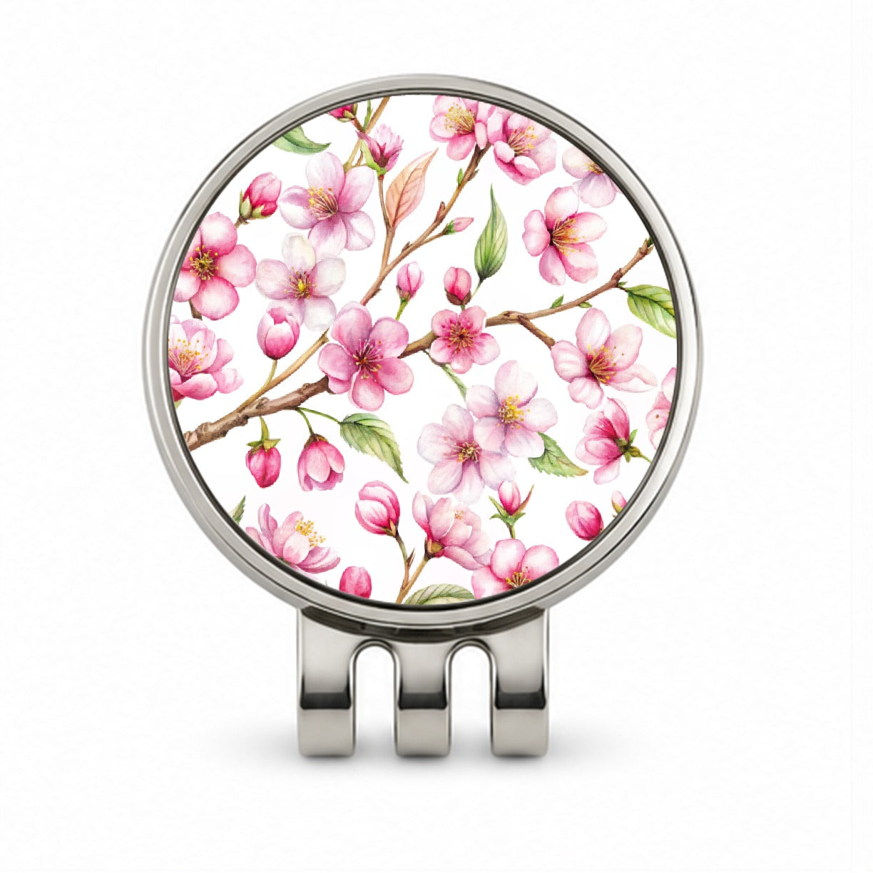Cherry Blossom Flowers White Golf Hat Clip with Ball Marker