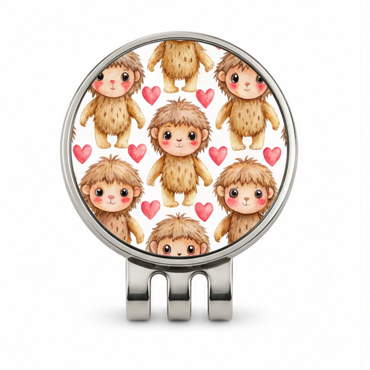 Chibi Sasquatch Big Foot Hearts Watercolor Golf Hat Clip with Ball Marker
