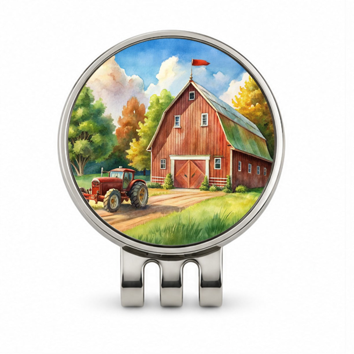 Classic Barn Tractor Watercolor Design Golf Hat Clip with Ball Marker