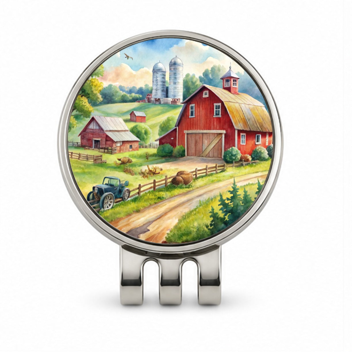 Classic Farm Watercolor Design Golf Hat Clip with Ball Marker