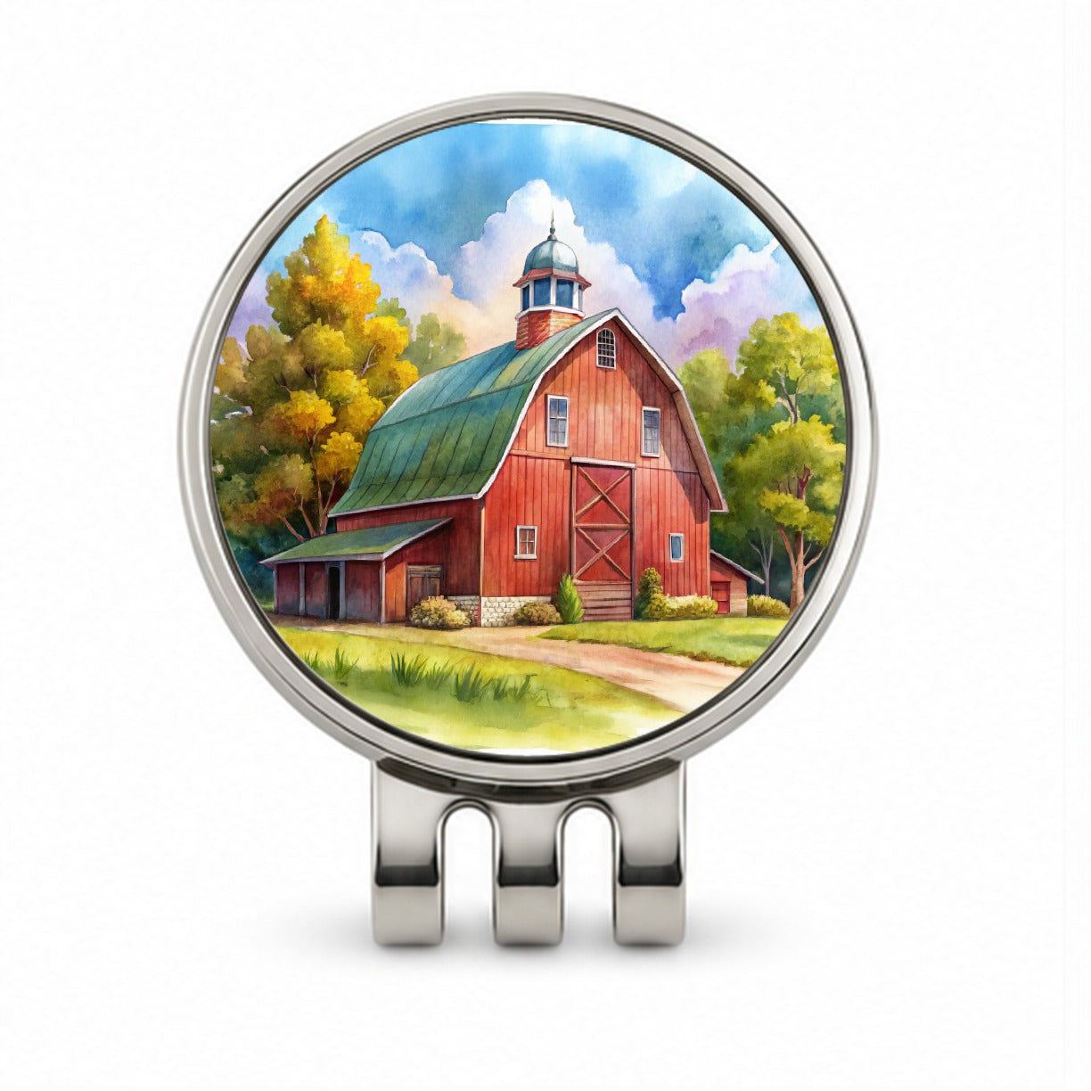 Classic Red Barn Watercolor Golf Hat Clip with Ball Marker