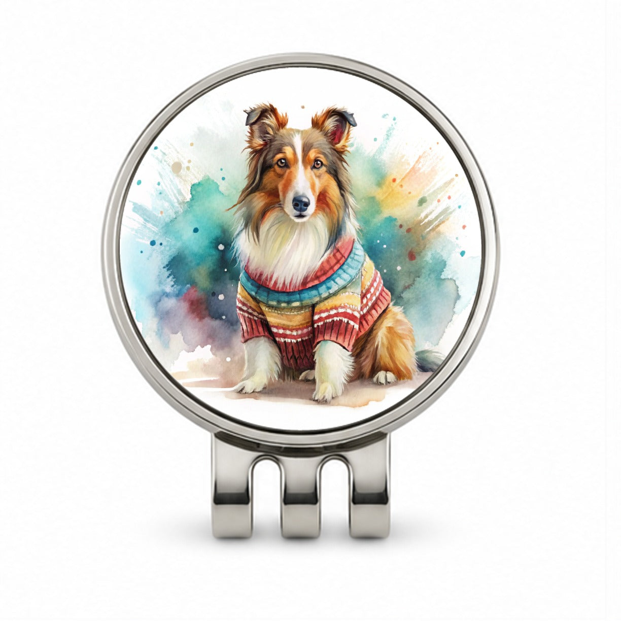 Collie Dog Wearing A Sweater Watercolor Golf Hat Clip with Ball Marker