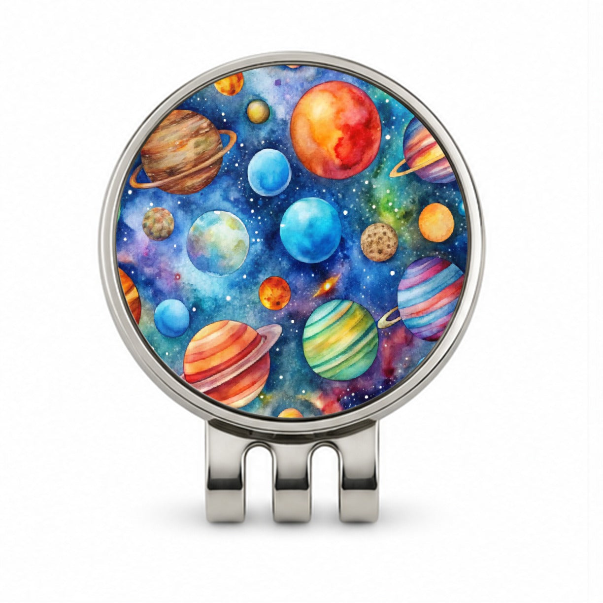 Colorful Planets In Space Watercolor Golf Hat Clip with Ball Marker