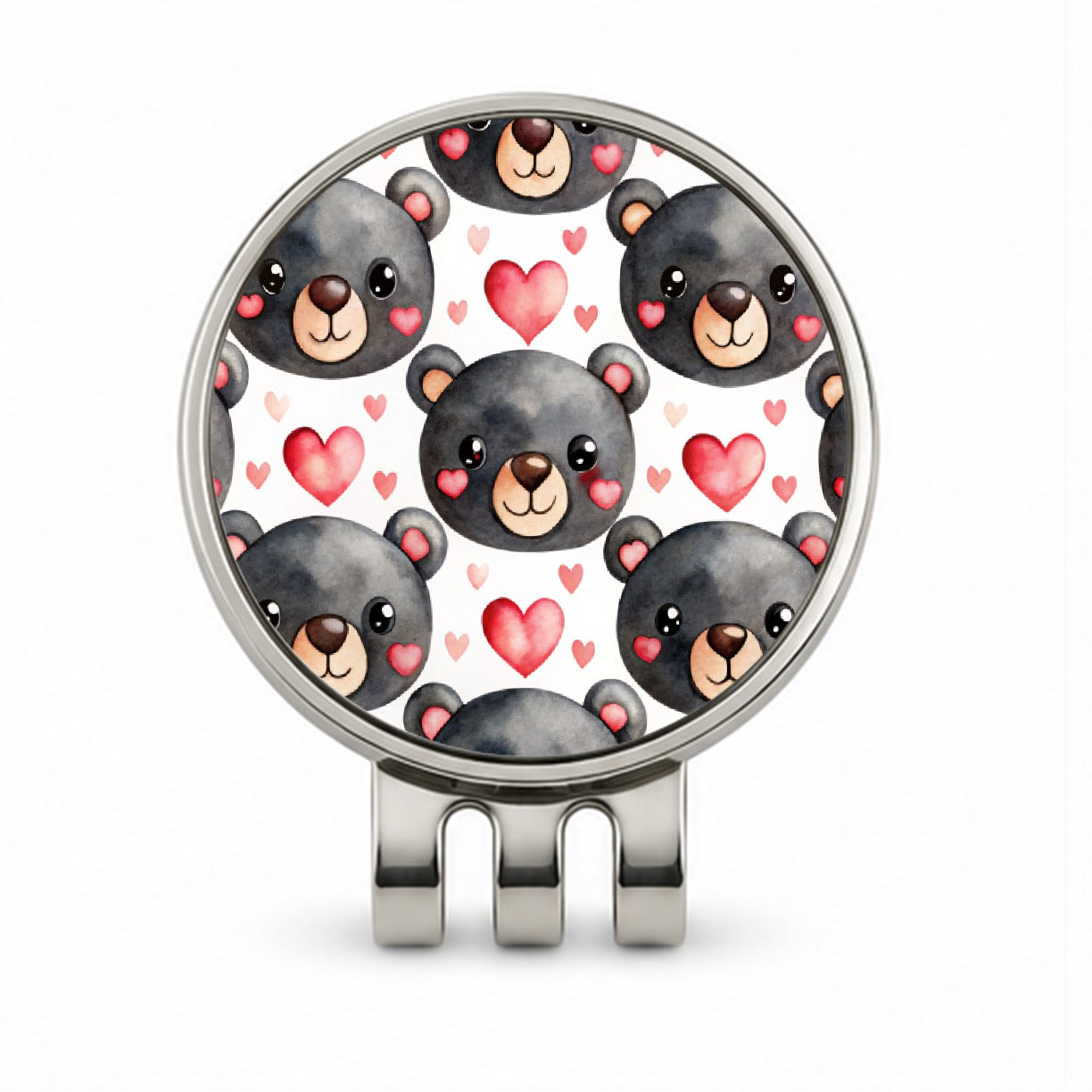 Cute Black Bear Faces Hearts Golf Hat Clip with Ball Marker