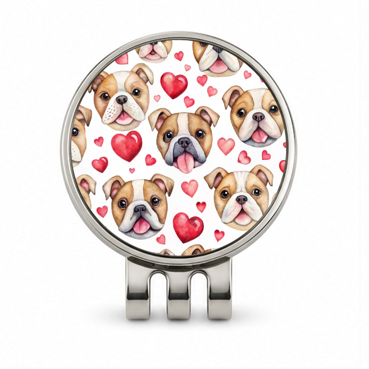 Cute Bulldog Dog Faces Hearts Golf Hat Clip with Ball Marker