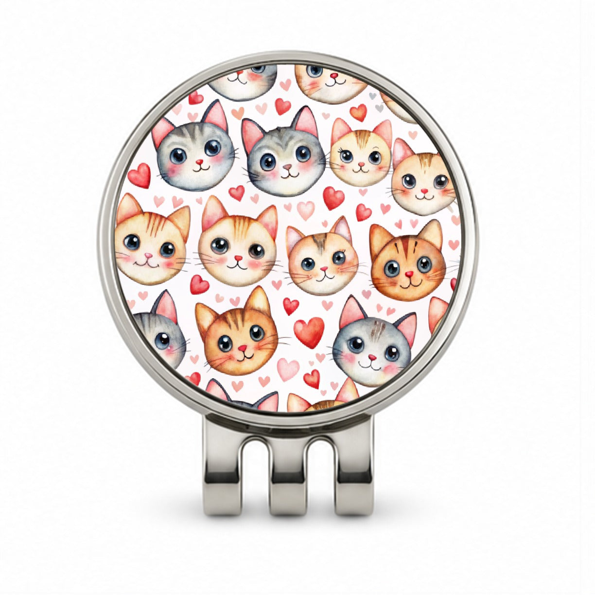 Cute Cat Faces Hearts Watercolor Golf Hat Clip with Ball Marker