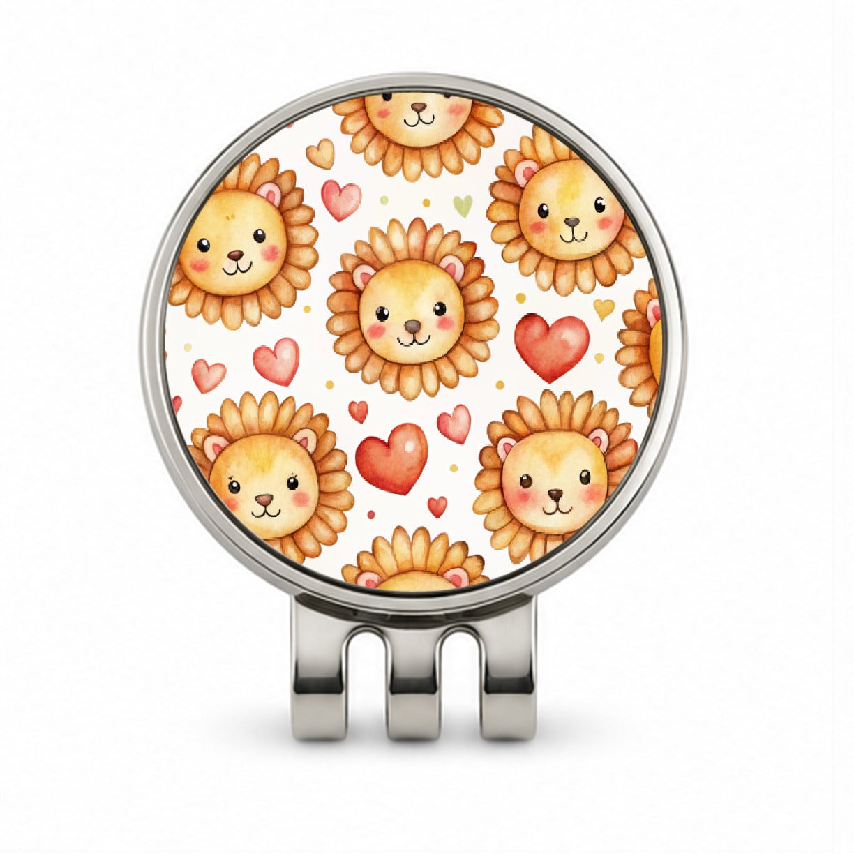 Cute Lion Faces Hearts Watercolor Golf Hat Clip with Ball Marker