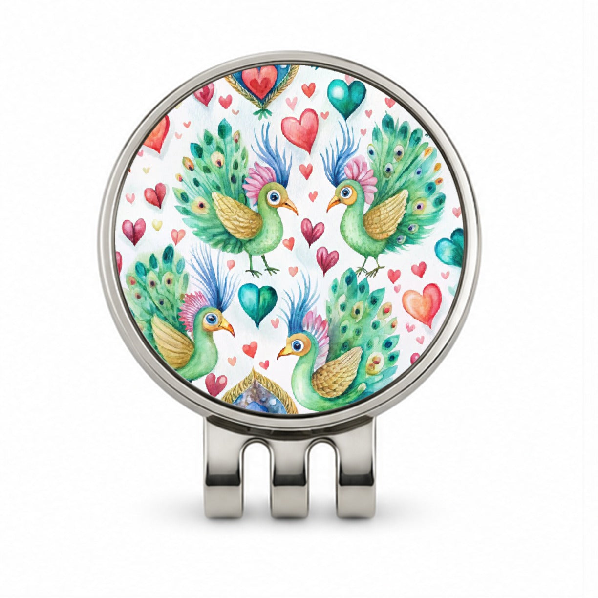 Cute Peacocks Hearts Watercolor Golf Hat Clip with Ball Marker