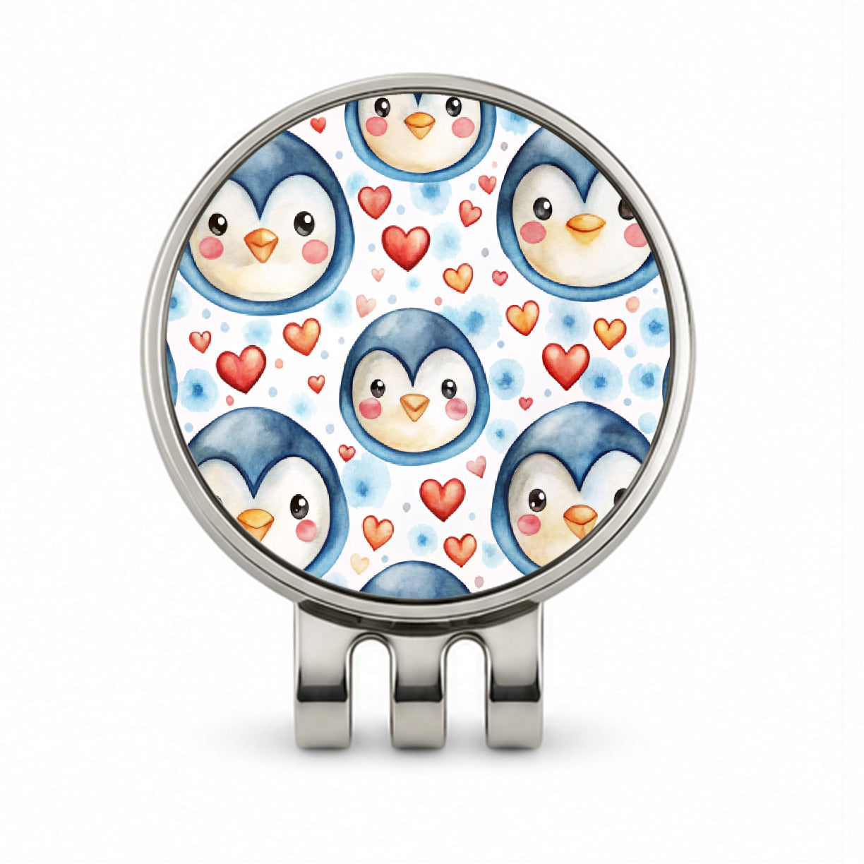 Cute Penguin Faces Hearts Watercolor Golf Hat Clip with Ball Marker