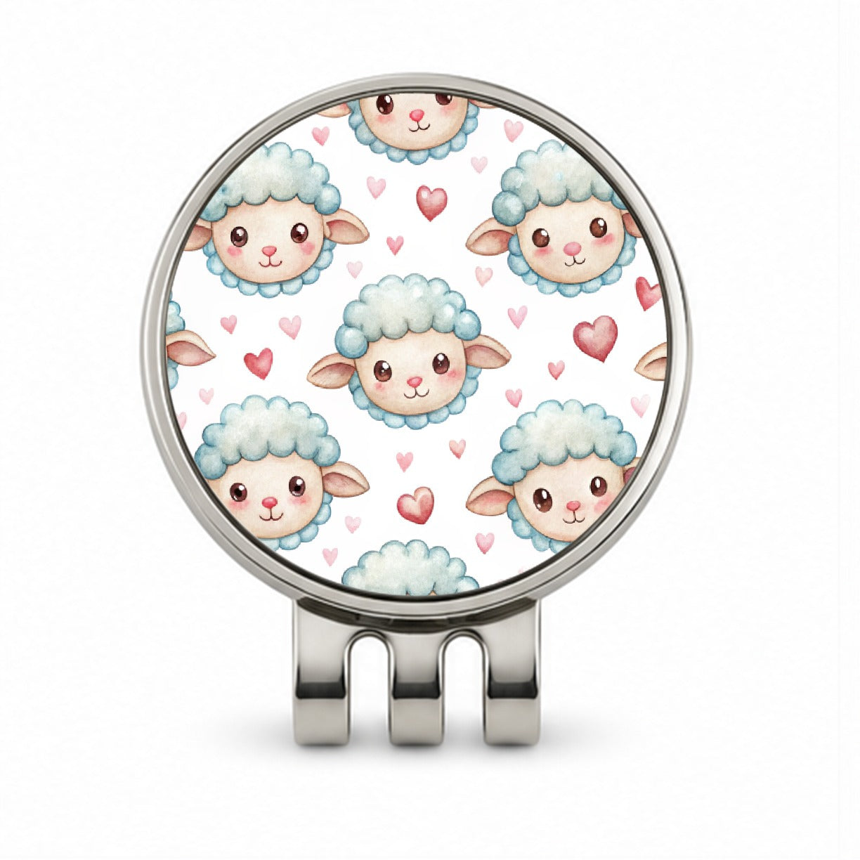 Cute Sheep Faces Hearts Watercolor Golf Hat Clip with Ball Marker