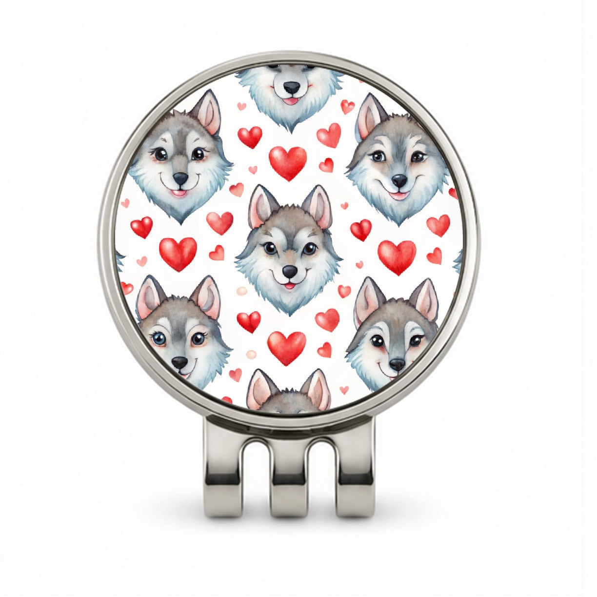 Cute Wolf Faces Hearts Watercolor Golf Hat Clip with Ball Marker