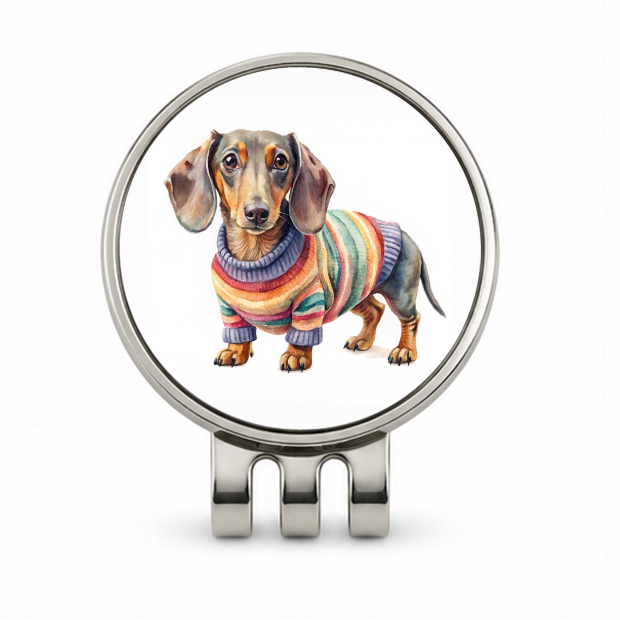 Dachshund Dog Wearing A Sweater Watercolor Golf Hat Clip with Ball Marker