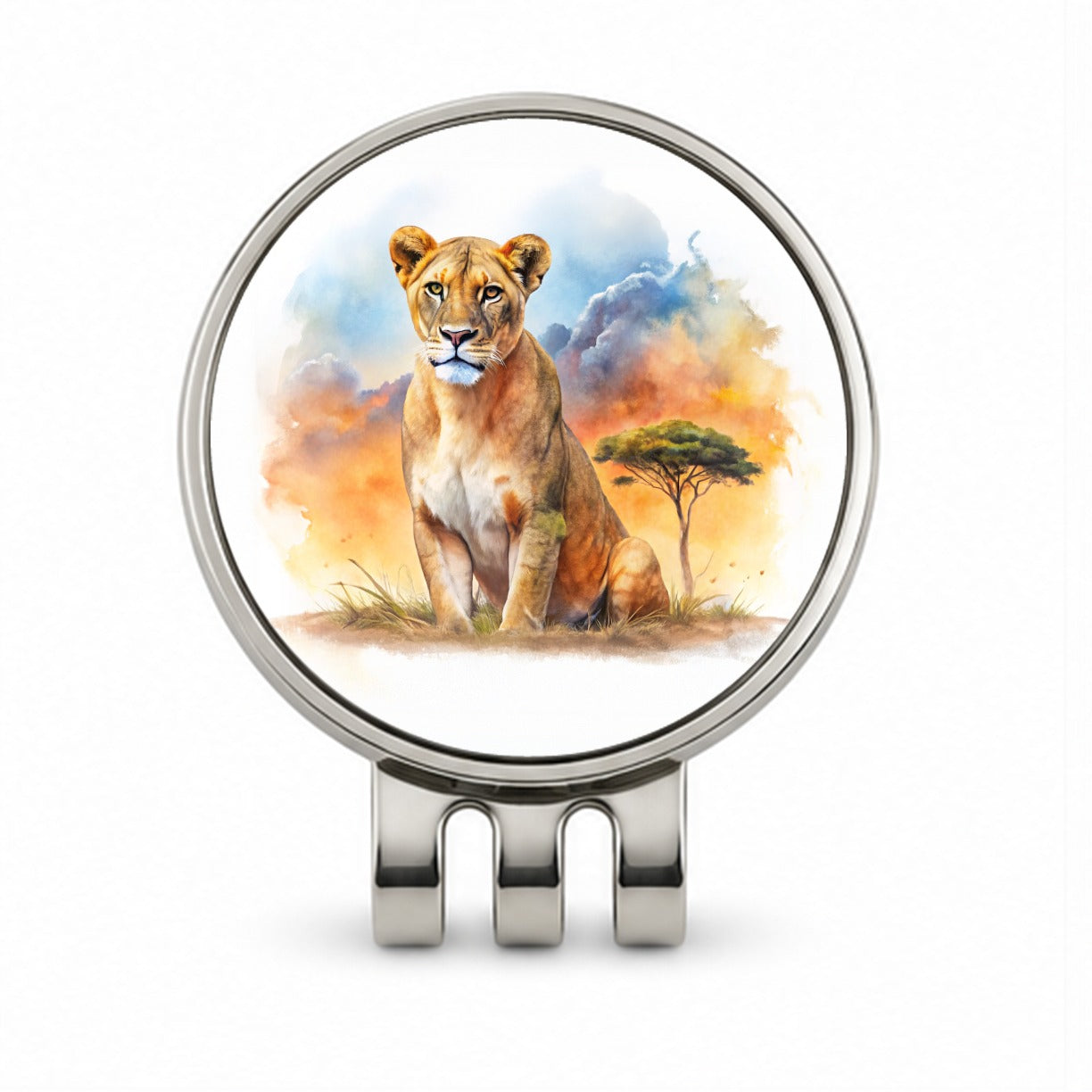 Female Lion African Plain Watercolor Design Golf Hat Clip with Ball Marker
