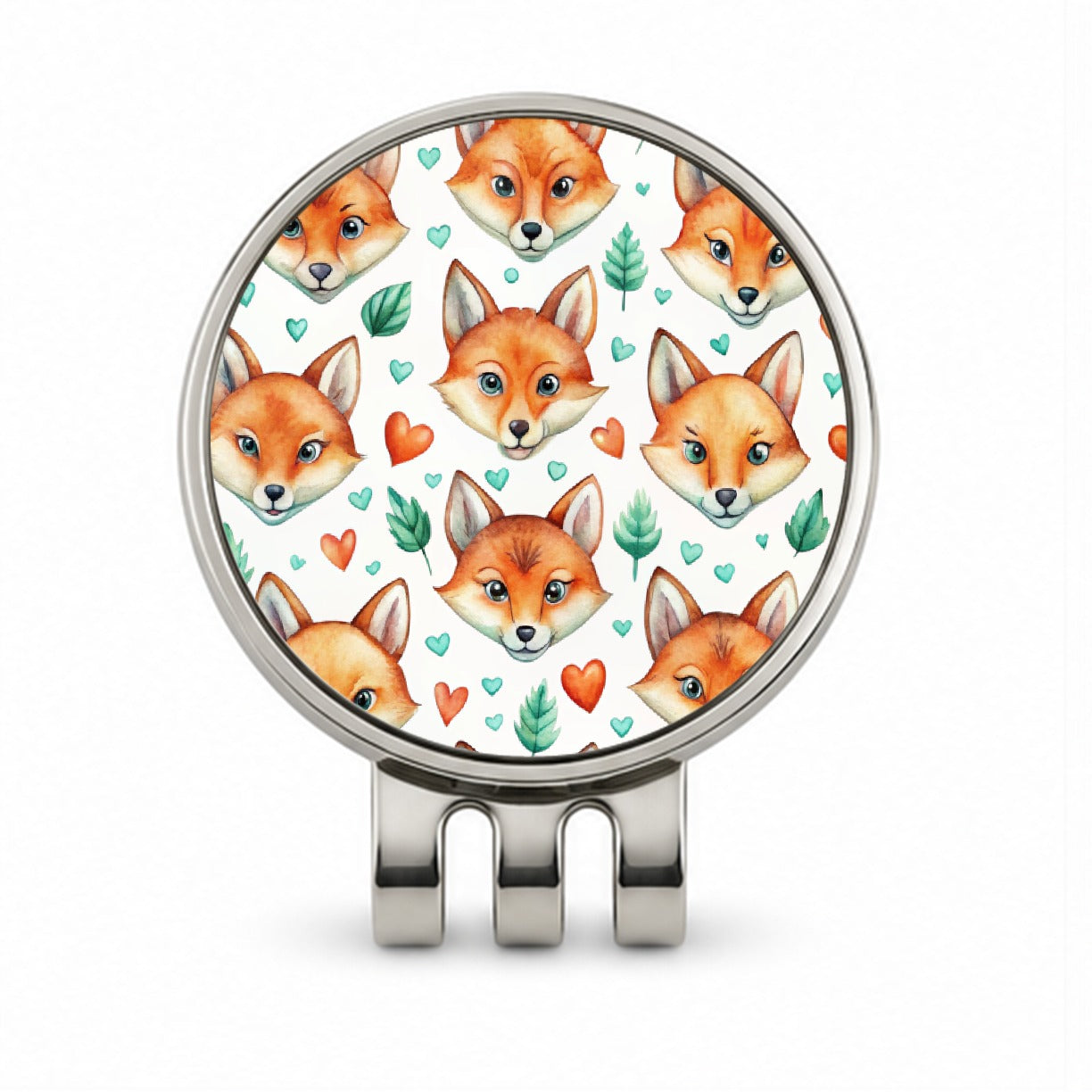 Fox Faces Hearts Watercolor Golf Hat Clip with Ball Marker