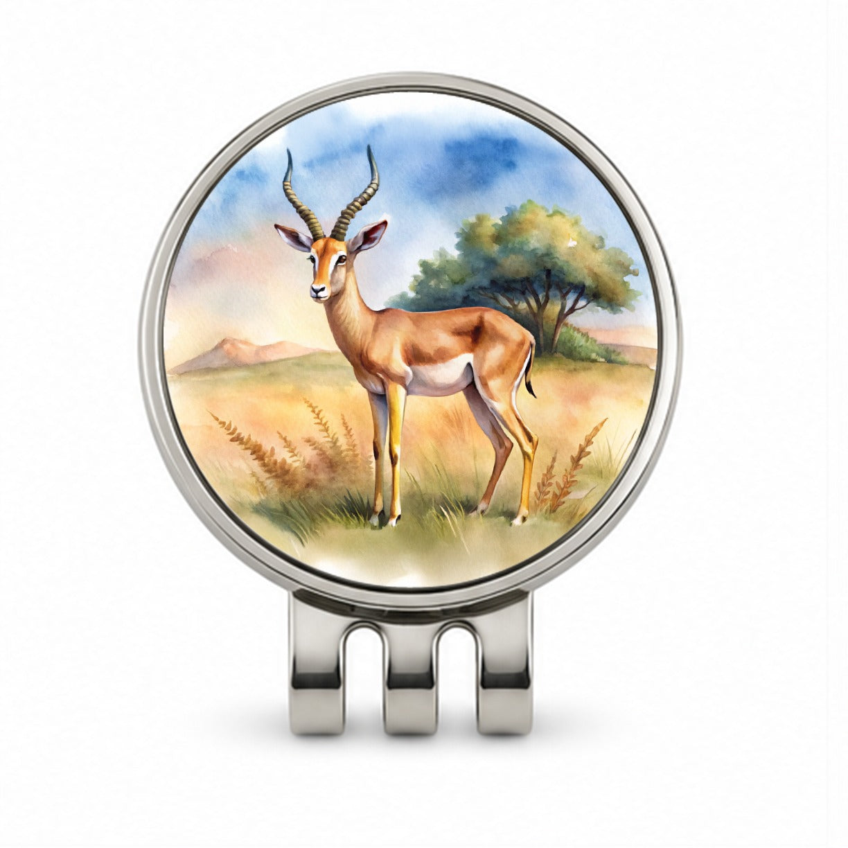 Gazelle African Plain Watercolor Design Golf Hat Clip with Ball Marker