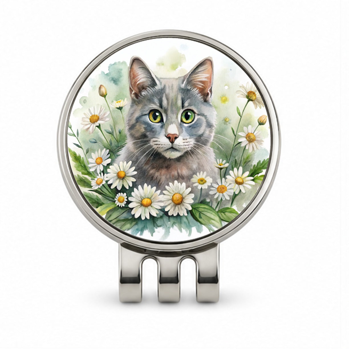 Gray Cat Watercolor Design With Daisies Golf Hat Clip with Ball Marker
