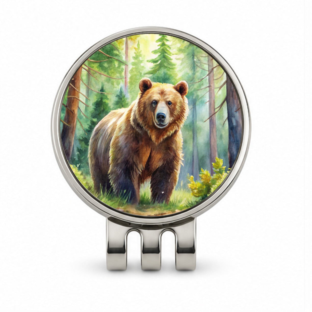 Grizzly Bear In Forest Watercolor Golf Hat Clip with Ball Marker