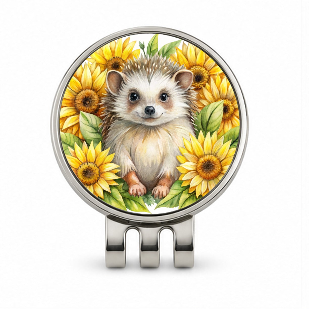 Hedgehog Watercolor Design With Sunflowers Golf Hat Clip with Ball Marker