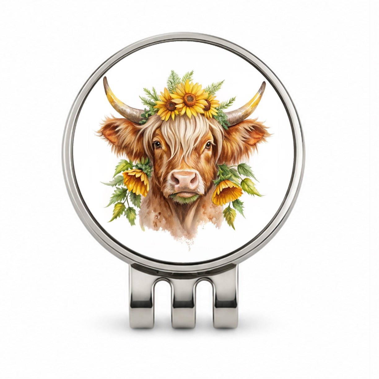 Highland Cow Watercolor Design With Sunflowers Golf Hat Clip with Ball Marker