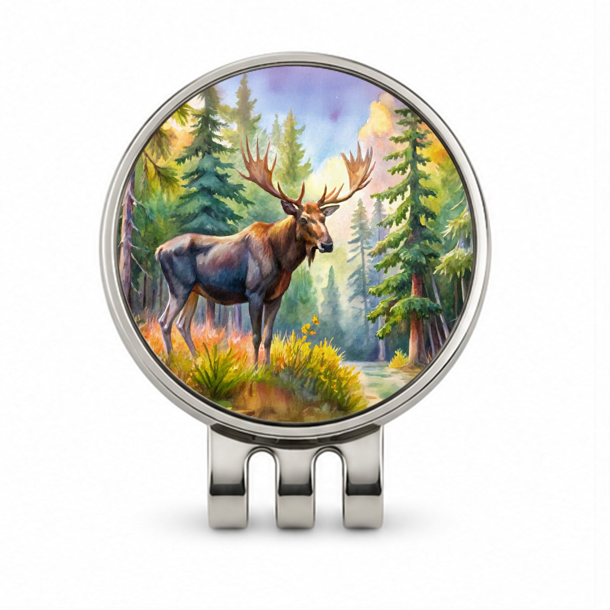Moose In Forest Watercolor Golf Hat Clip with Ball Marker