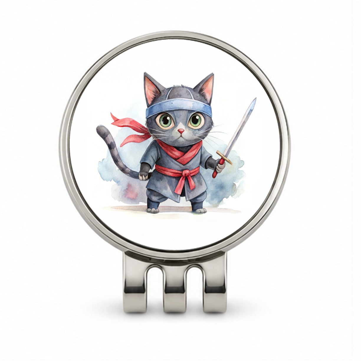 Ninja Cat Watercolor Golf Hat Clip with Ball Marker