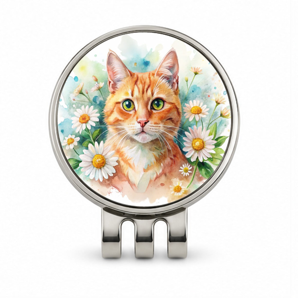 Orange Cat Watercolor Design With Daisies Golf Hat Clip with Ball Marker