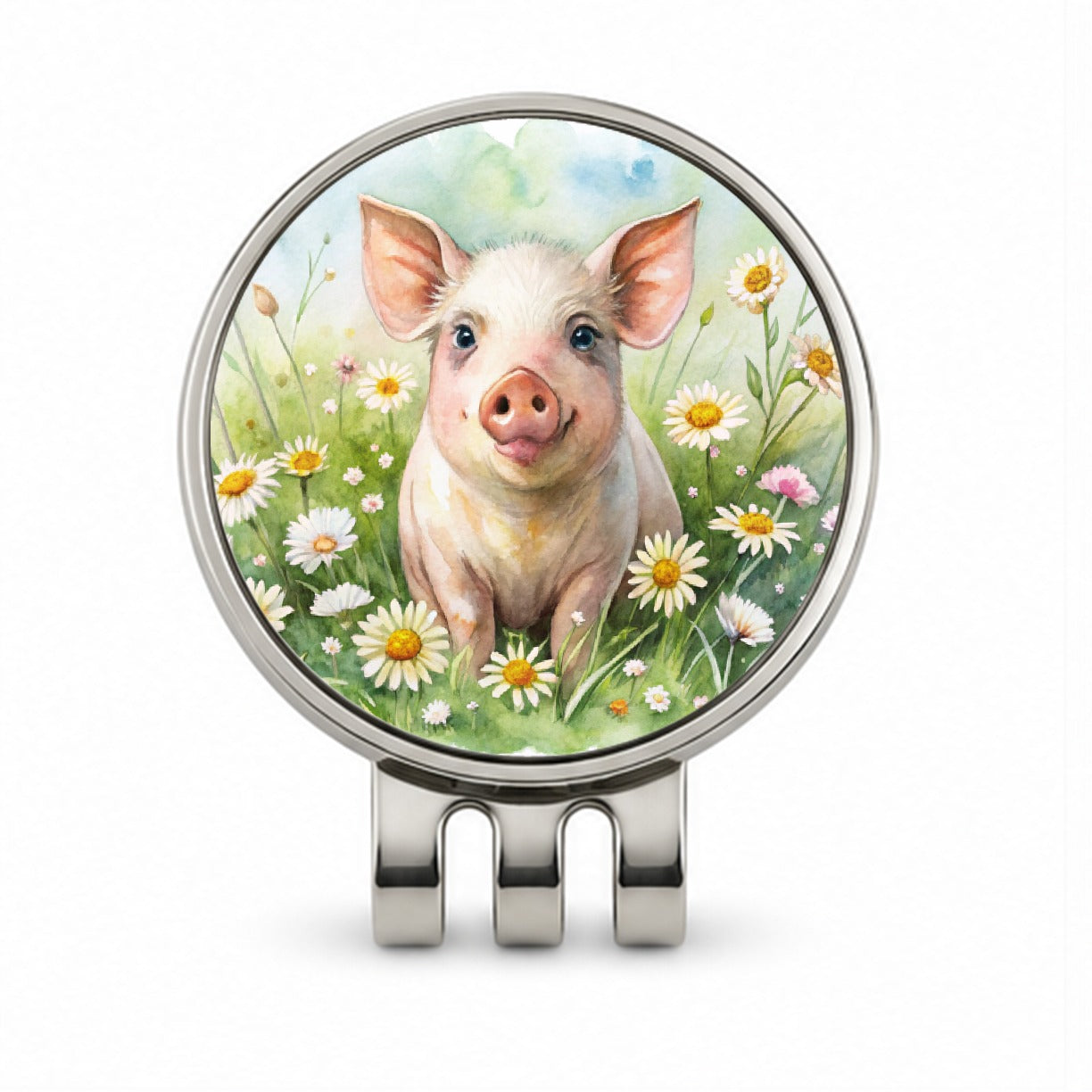 Pig In Daisies Watercolor Design Golf Hat Clip with Ball Marker