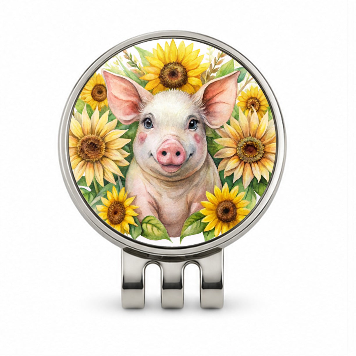 Pig In Sunflowers Watercolor Design Golf Hat Clip with Ball Marker