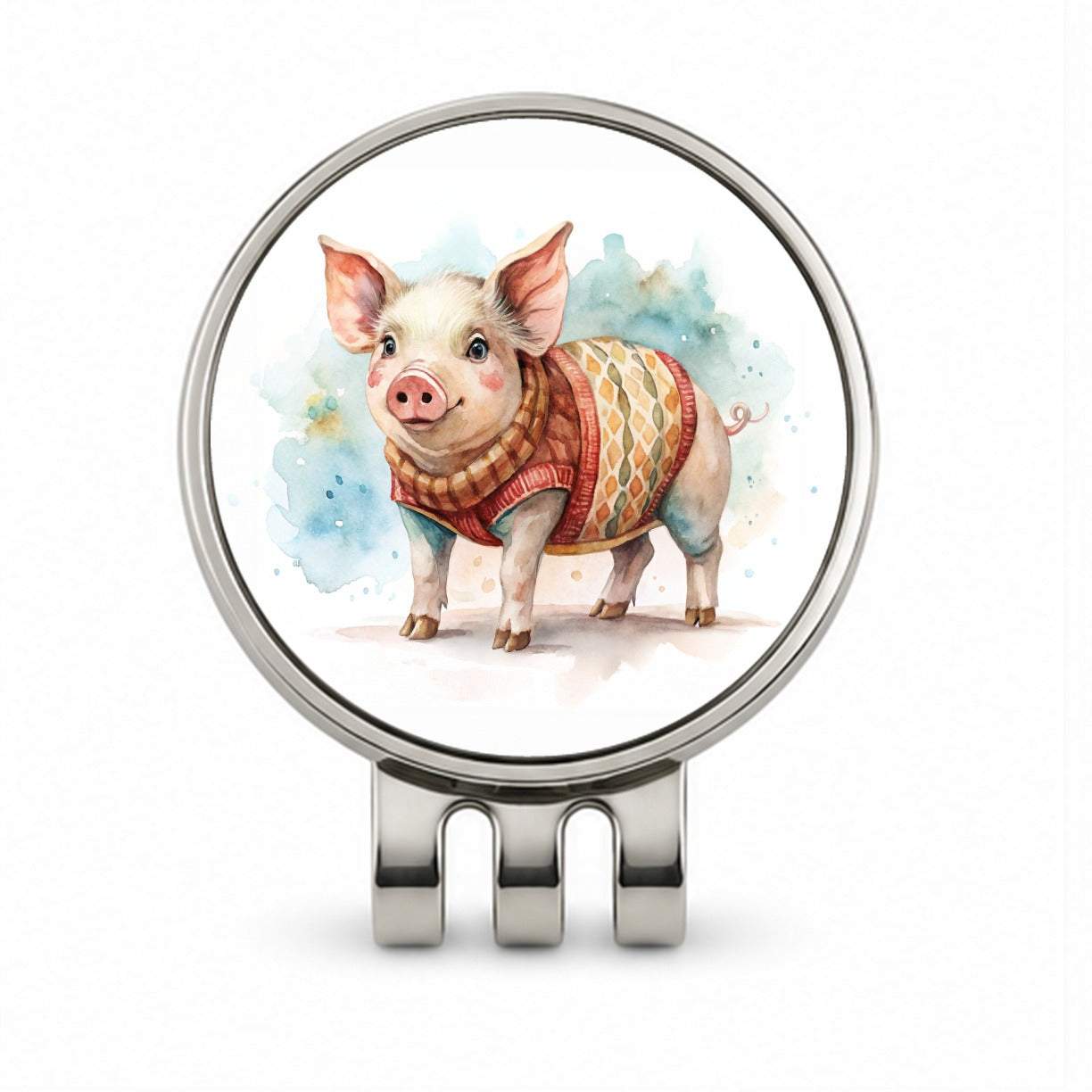Pig Wearing A Sweater Watercolor Golf Hat Clip with Ball Marker