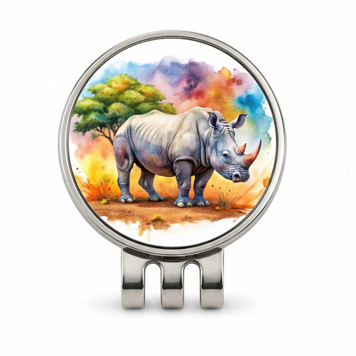 Rhinoceros African Plain Watercolor Design Golf Hat Clip with Ball Marker