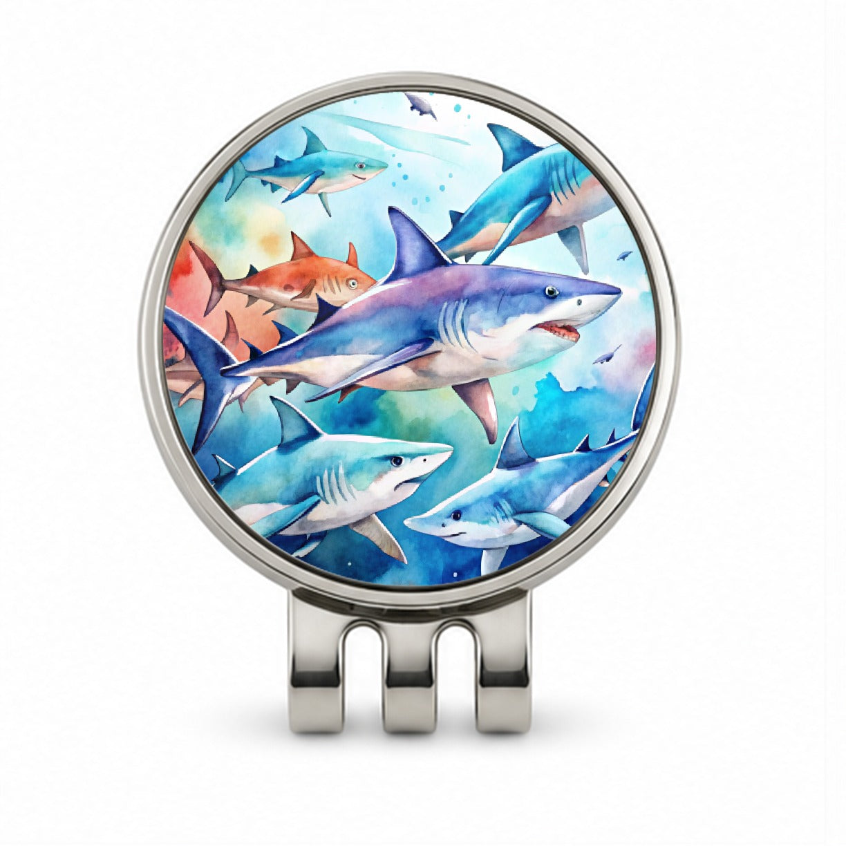 Sharks Watercolor Design Golf Hat Clip with Ball Marker