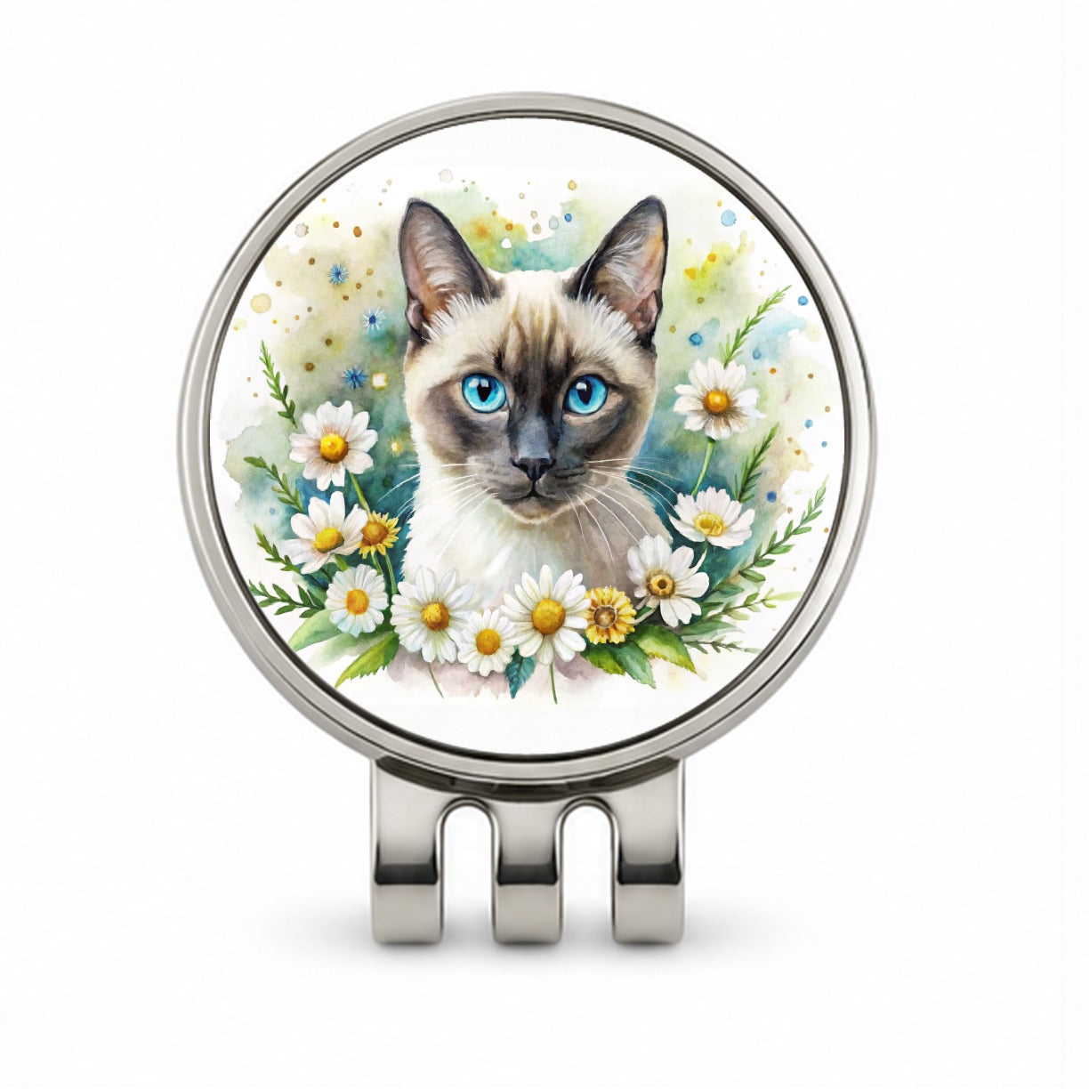Siamese Cat Watercolor Design With Daisies Golf Hat Clip with Ball Marker