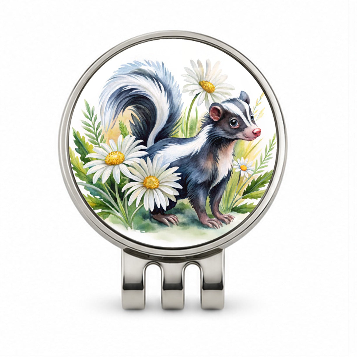 Skunk Watercolor Design With Daisies Golf Hat Clip with Ball Marker