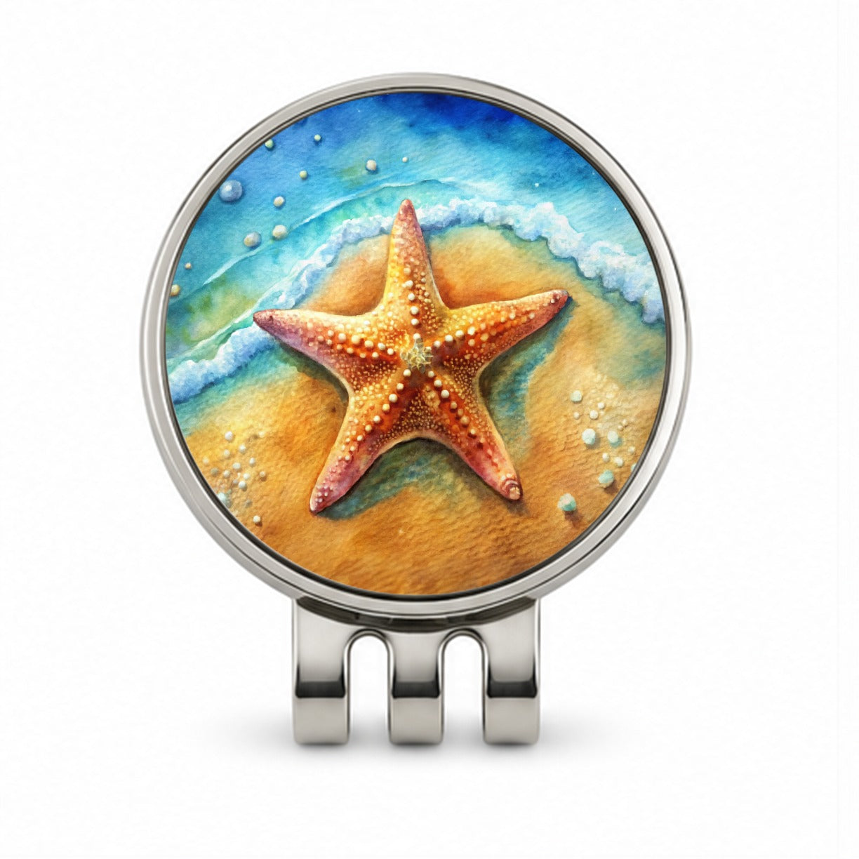 Starfish Sand Watercolor Design Golf Hat Clip with Ball Marker