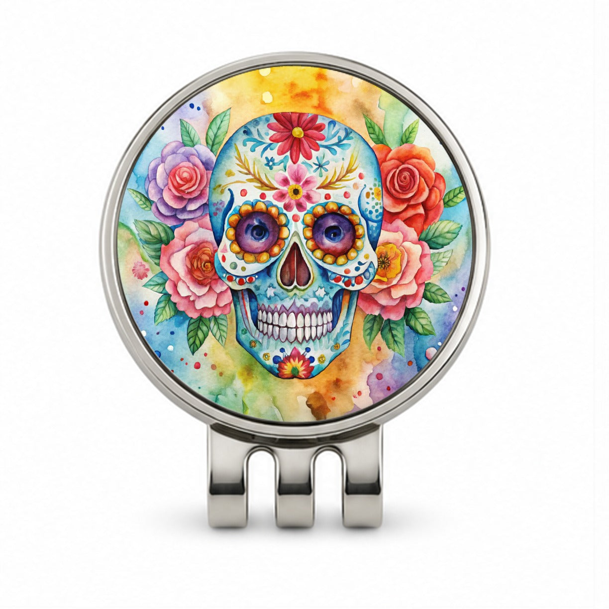 Sugar Skull Watercolor Golf Hat Clip with Ball Marker