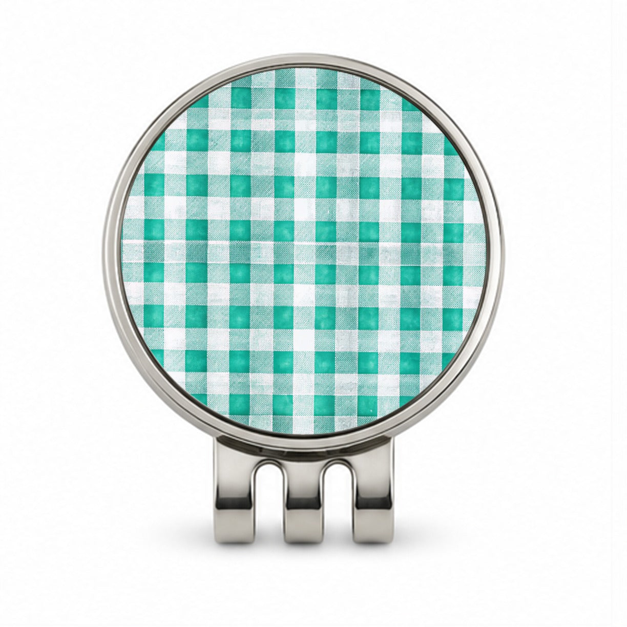 Teal White Gingham Watercolor Golf Hat Clip with Ball Marker
