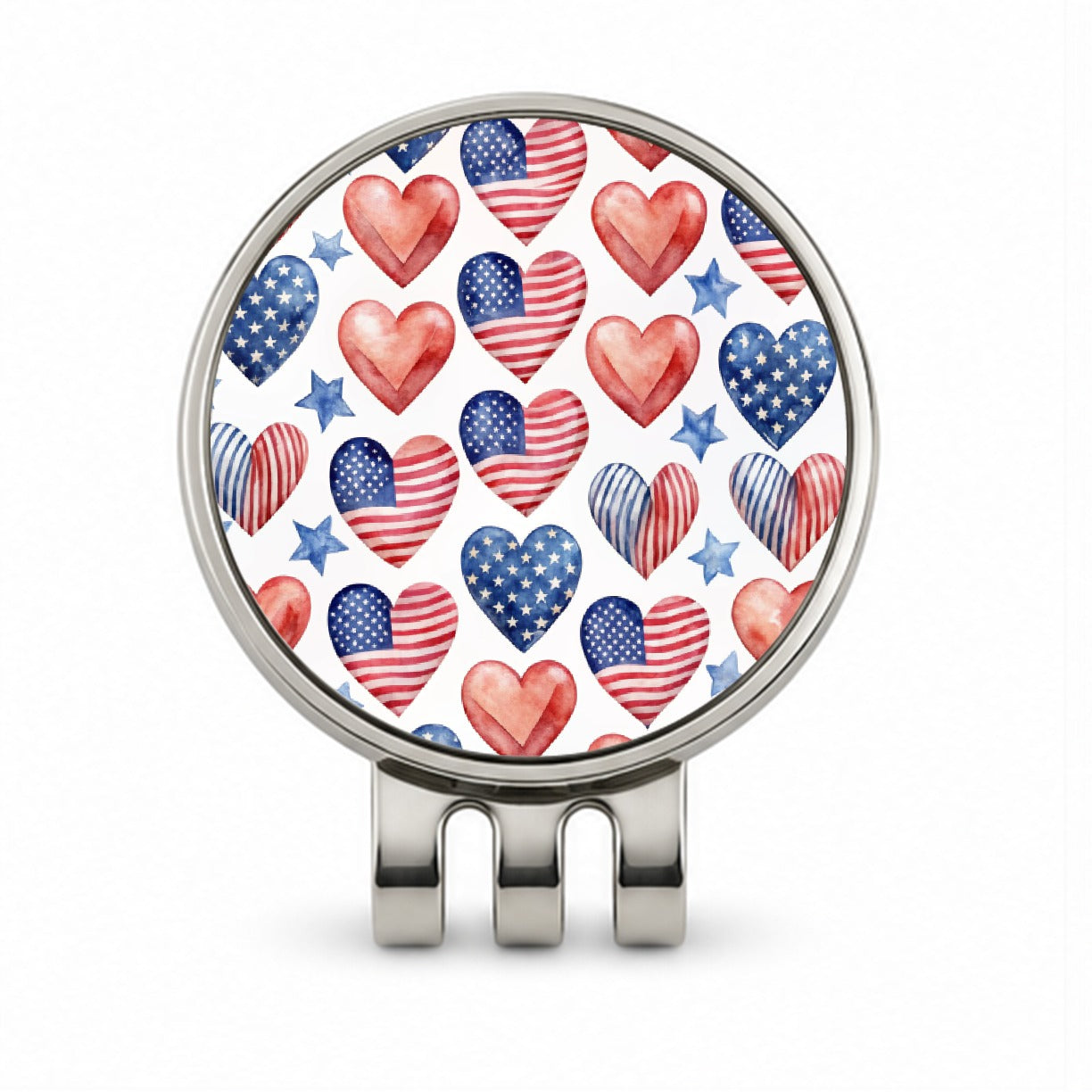 USA American Flags Hearts 4th of July Patriotic Watercolor Golf Hat Clip with Ball Marker