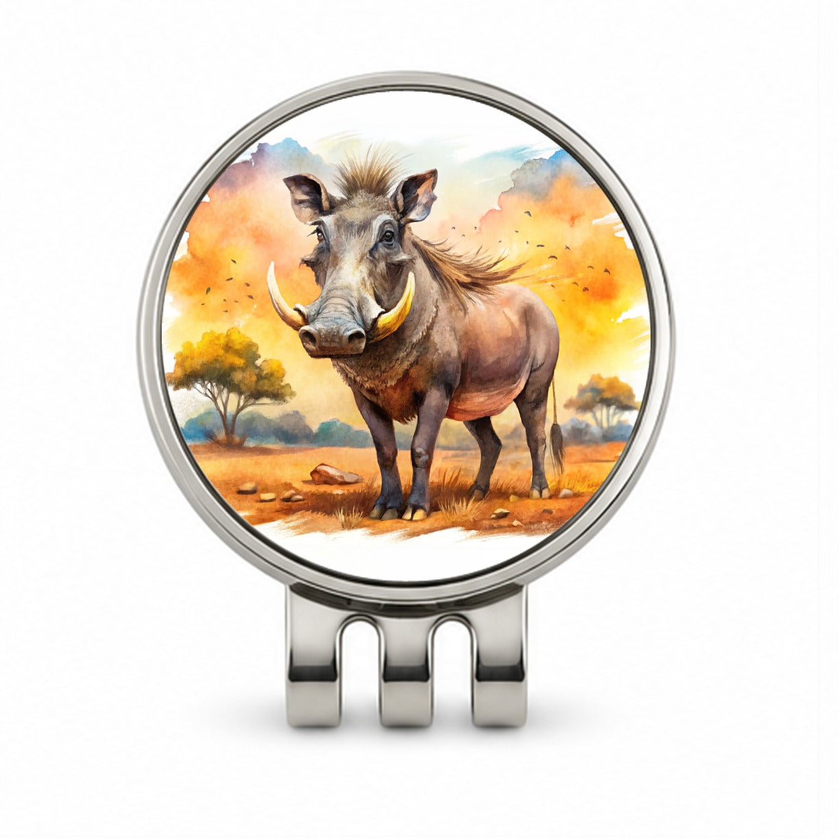 Warthog African Plain Watercolor Design Golf Hat Clip with Ball Marker