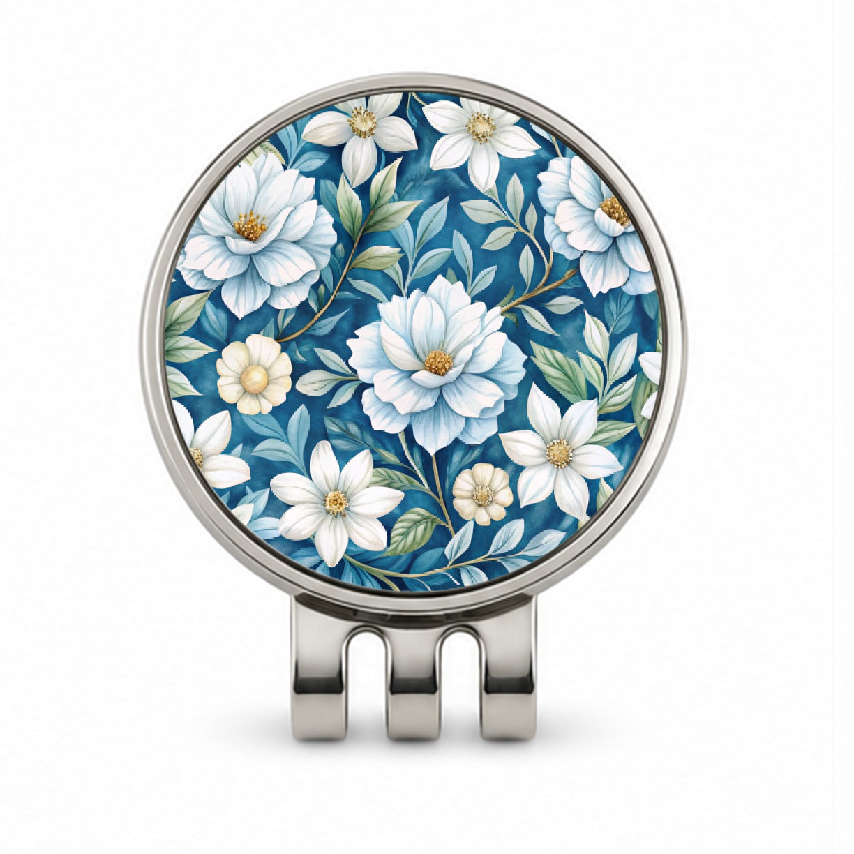 White Flowers Blue Background Golf Hat Clip with Ball Marker